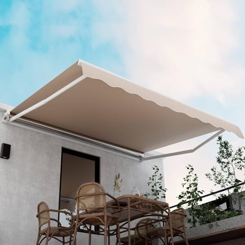 SFAREST 3.6 x 3m/ 4 x 2.5m Retractable Manual Awning, Adjustable Aluminum Sun Shade Shelter with Crank Handle, Outdoor An-ti-UV Waterproof Garden Patio Canopy Cover (Beige, 4 x 2.5m)