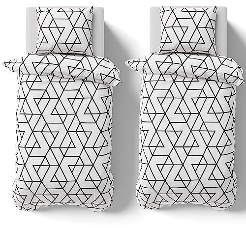 Visaggio Bettwäsche 155x220cm Bettbezug 4 teilig Garnitur Set Premium YKK Reißverschluss Geometrische Muster Weiß