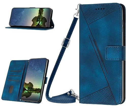 Samsung Galaxy J5 2015 Case, Handykette Hülle für Samsung Galaxy J5 2015 HandyHülle Umhängeband Flipcase Leder Cover Schutzhülle Brieftasche Flipcover Tasche mit Hand Strap und Magnetverschluss, blau