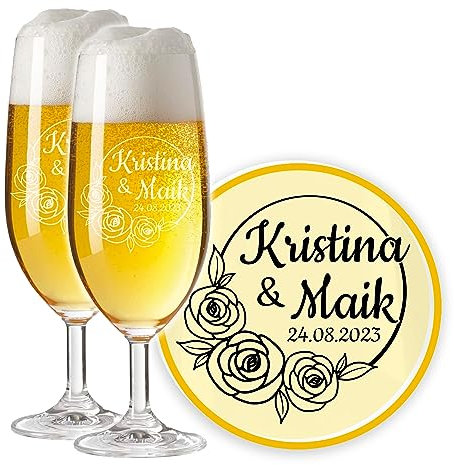 LALALO Leonardo Hochzeit Bierglas Geschenk-Set (2 St.) graviert, Biertulpe/Pilstulpe mit Gravur personalisiert als Hochzeitsgeschenk, Hochzeitstag, Standesamt (Rosenrausch)