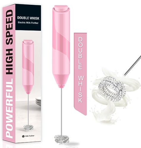 Double Whisk Milk Frother, Handheld Electric Blender stick, Drink Mixer with Food Grade Stainless Steel Stirrer, Battery Operated Foam Maker for Coffee, Cappuccino, Matcha,Hot Chocolate Latte, in Pink