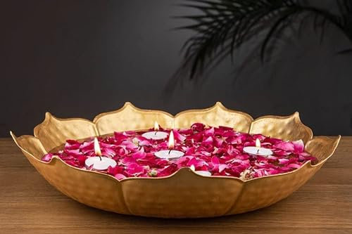 OSNICA Brass Diya Shape Flower Decorative Urli Bowl for Home Handcrafted Bowl for Floating Flowers and Table Decor | Items for Home Diwali Decoration (14 Inches) (Design 04)