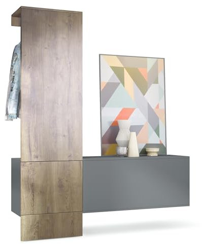 Vladon Garderobe Carlton Set 4, Made in Germany, Wandgarderobe aus Deko-Paneel & Hängeschrank für Schuhe, Anthrazit matt/Eiche Ribbeck (156,5 x 193 x 35 cm)