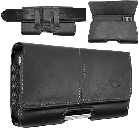 Leather Phone Holster for Men, Belt Holder for iPhone, Black, Large | Leather Construction, Magnetic Closure, Reinforced Belt Loops, Fits Belts up to 1.75 in, Horizontal Carry, Soft Lining