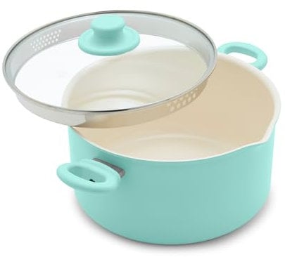 GreenLife 6QT Ceramic Nonstick Stockpot with Glass Straining Lid, PFAS & PFOA-Free, Dishwasher Safe, Stay-Cool Handles, Oven Safe to 350°F, Wobble-Free Base, Even Heating, Turquoise