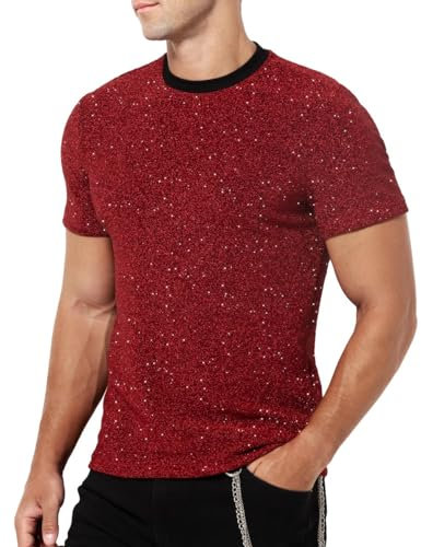 Casey Kevin Men's Sparkly T Shirt Slim Fit High Stretch Party Shirt with Comfort Lining Light Reflective T-Shirts,Red,L