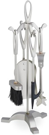 Relaxdays Kaminbesteck, 5-teiliges Set, Schürhaken, Ascheschaufel, Besen, Zange & Ständer, Kamingarnitur, Eisen, Silber