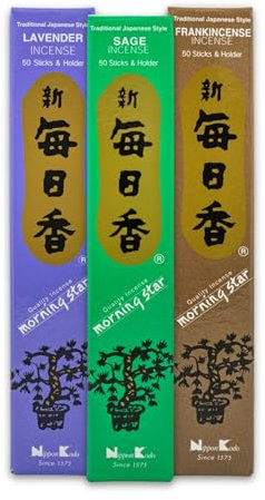 3 x Nippon Kodo Morning Star Japanische Räucherstäbchen Set mit Halter | 3x50 Sticks (Weihrauch, Lavendel, Salbei) | Natürliche Düfte für Meditation und Yoga