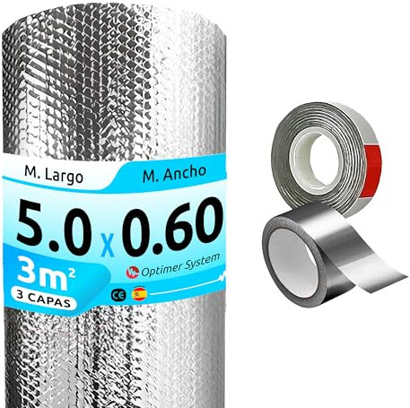 Aislante Termico Reflexivo Reduce el Frio y el Calor - Rollo Aislante Termico de Polipropileno para Persiana, Ventana, Garaje, Pared, Tejado, Camper, etc - 5x0.60m - 3m² + 2 Cintas Autoadhesivas