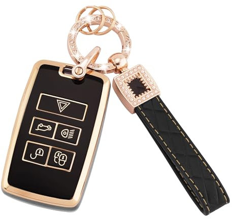 Koaudb Autoschlüssel Hülle für Discovery Sport Defender Range Rover Evoque Sport Velar Jaguar XE XF XJ 5 Tasten TPU Schlüsselanhänger Schutzhülle mit Leder Schlüsselanhänger Schwarz Gold(BP-Rov-5)