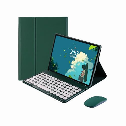 XFTeoux Keyboard Case for Fire HD 10 2023 (13th Generation) 10.1 With Mouse - Cute Round Key Wireless Detachable BT Cover, Dark Green