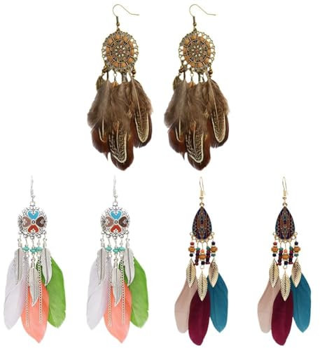 3 Paar Böhmische Feder Ohrringe, Damen Bohemian Fransen Feder Ohrnägel Set,Ethnische Lange Bunte Mädchen Fringe Ohrnägel für Weihnachten Valentinstag Muttertag Geburtstag Geschenk