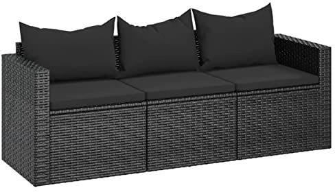Gecheer Gartenlounge Set, Terrassensofa, 3-Sitzer Gartensofa, Terrassenmöbel, Loungemöbel Garten, Kissen, Schwarz Poly Rattan