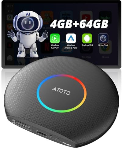 ATOTOZONE CB6 CarPlay AI Box Android 13 CarPlay Wireless/Android Auto Converts Wired to Wireless with 4G LTE, 5G Wi-Fi, 2 Bluetooth, AI Dongle, Support for YouTube, 4G+64G, Black
