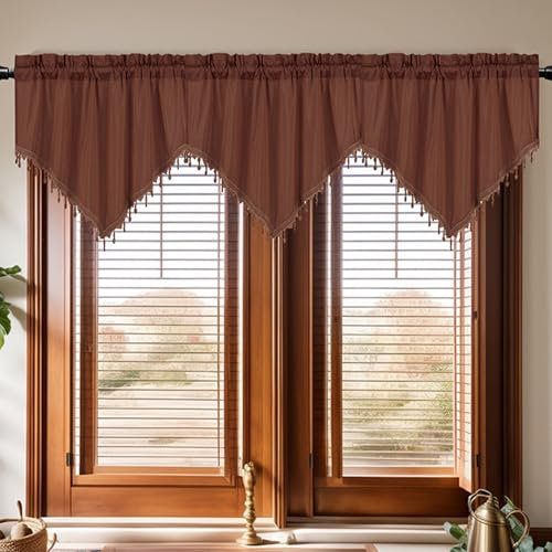 Skcess 3PCS Küchengardine Kaffee, Polyester Vorhang Halbtransparent Kurz Dreieck, Einfarbig Mit Quaste Vorhang Kurz 130X60CM