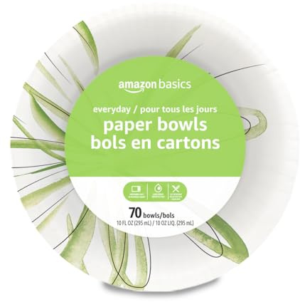 Amazon Basics Everyday Disposable Paper Bowls, 10 oz, Microwave Safe, Soak Proof, White, 70 Count