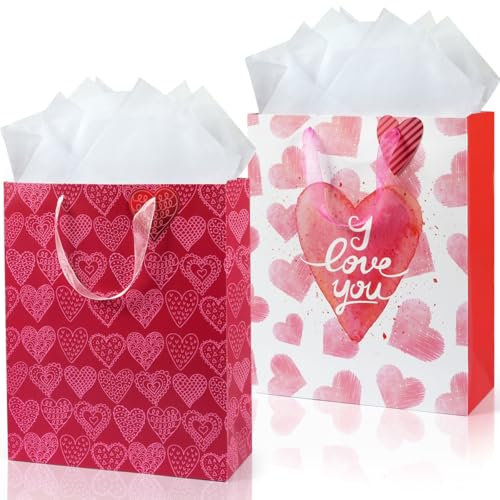 Große Geschenktüten, 2 Stück Valentinstags-Geschenktüten, rot-rosa Herz-Geschenktasche für Geschenke, Geschenktasche mit Griffen für Valentinstag, Geburtstag, Hochzeit, Muttertag, 32 x 26 x 11cm