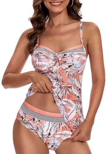 Aottori Maillot de Bain Femme 2 Pièce Tankini Imprimé Rembourré Maillot avec Short Maillots de Bain Push Up Rayures Rembourré Beachwear Rose XXL