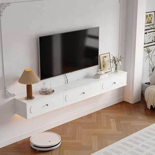 Artifyshore Retro Floating TV Unit with 3 Doors,140CM High Gloss Wall Mounted TV Cabinet, Entertainment Stand for Living Room, Contemporary Under TV Shelf for Bedroom White