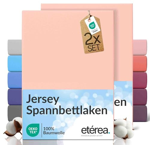 etérea Jersey 2er Set Spannbettlaken 200x220cm Zartrosa bis 25 cm Höhe - 100% Baumwolle Spannbetttuch Oekotex - Bed Sheets mit Rundumgummi - Doppelpack Bettlaken 200x220 cm - Rosa