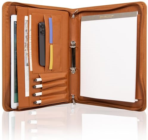 Calfinder Leichte Schreibmappe A4, PU Kunstleder mit 2-Ring Ringbuchordner Doppeltem Reißverschluss Konferenzmappe Klemmbrett Ringordner A4 Schreibmappe, Wasserdicht Dokumentenmappe Geschenk– Braun