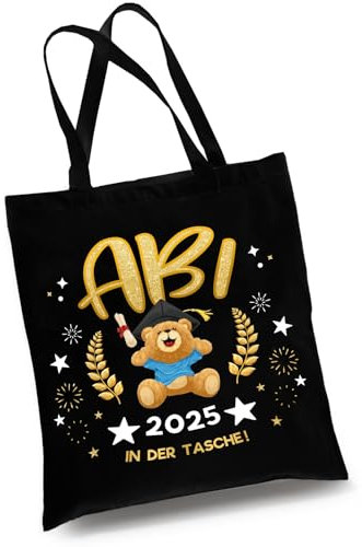 Abitur 2025 Geschenke, Schwarz Baumwollbeutel mit Spruch ABI 2025 in DER TASCHE, Matura Geschenk, Bestandene Prüfung Geschenk für Mädchen