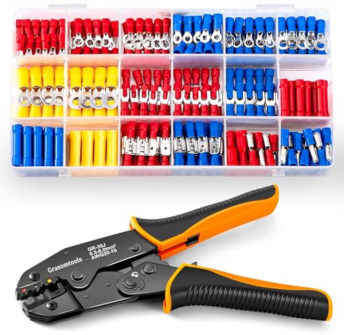 Insulated Crimping Tools, 0.5-1.5/1.5-2.5/4-6mm²(A.W.G. 20-10) Crimping Tool, with 370pcs terminals. Suits Electrical Wiring Repair, Car, Van, Motorbike etc,Wire Terminals Crimping Tool Kit
