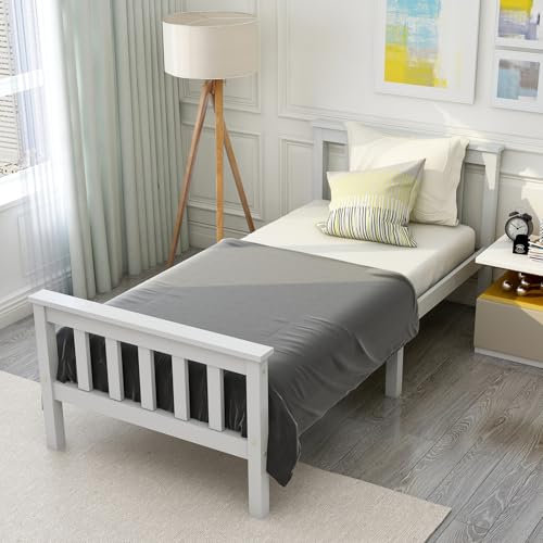 SogesHome Solid Pine Wood Bed Frame, Wooden Bed with 13 Thickened Wooden Slats, Raised Headboard & Footboard, for Adults & Kids (Single)