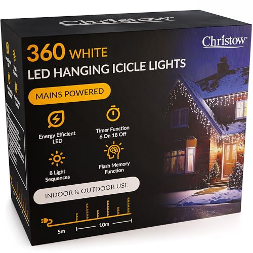 CHRISTOW Hanging Icicle Christmas Lights, White, 360 LEDs | 5mm LEDs, 30/60cm Drops, 8 Modes, Memory, 6-Hour Timer, Mains Powered, 5m Cable, Indoor/Outdoor Use, 10m Lit Length