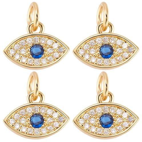 Beebeecraft 1 Box 8Pcs Evil Eye Charms 18K Gold Plated Cubic Zirconia Blue Turkish Evil Eye Crystal Charm Good Luck for Jewelry Making DIY Crafts Bracelet Necklace Earring