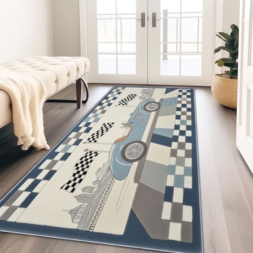 Generisch Cartoon Rennsport Teppich Läufer 60 x 150 cm Vintage Beige Teppiche rutschfest Waschbar Bettumrandung Schlafzimmer, Teppichläufer für Küche, Flur, Eingangsbereich