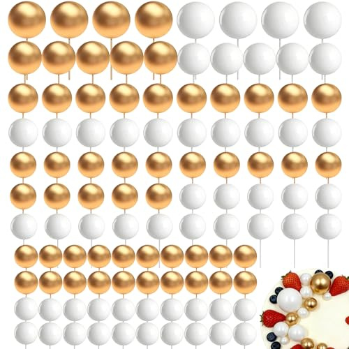 108Pcs Round Ball Cake Toppers, Gold Mini Foam Balloon Cake Topper | DIY Cake Insert Topper for Birthday Wedding Christmas Party Baby Shower (Gold White)