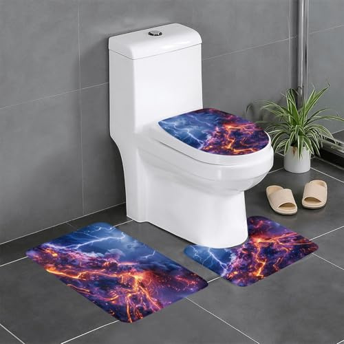 Antirutschmatten-Set, 3-teilig, 61 x 40,6 cm, WHJSHOP Vulkan-Lava-Bild, rechteckig, U-förmige und O-förmige Teppiche für WC, Waschtisch und Bad