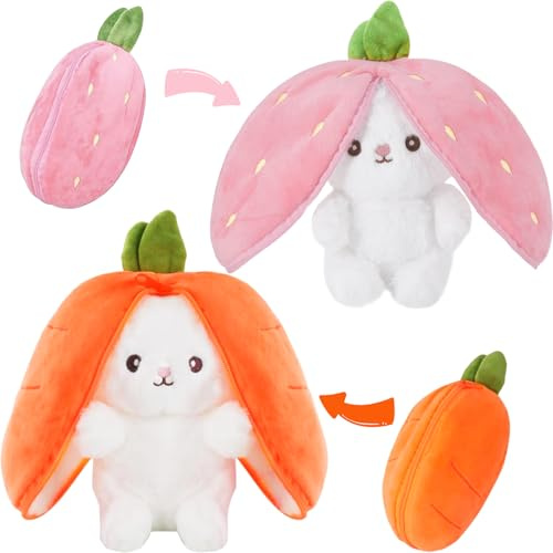 Peluche Lapin de Pâques 2 Pièces, Peluche Lapin Carotte, Peluche Lapin Fraise Peluche, Peluche Lapin à Cache-Cache, Lapin en Peluche en Carotte Fraise, Poupée Lapin De Pâques pour Enfants Cadeaux