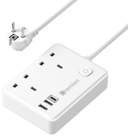 UK to European Plug Adapter 2 UK Outlets & 3 USB Ports | 1.5M Extension Cable, for Germany, France, Spain, Turkey, Egypt, Greece, Portugal, Type E/F