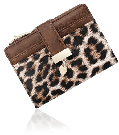 Pomelo Best Women's RFID Wallet - Vegan Leather Bi-fold Small Ladies Purse with Zipper Coin Pocket & ID Window - Leaf Charm Compact Wallet for Women (Leopard Print)