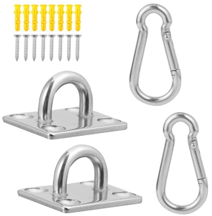 JUMPLAWN Edelstahlhaken mit Quadratischer Basis, Schwerlast, 1 Satz | Inkl 2 Karabinerhaken, 2 Wandanker, 8 Schrauben und 8 Kunststoffdübel, Silber, für Gym und Zuhause
