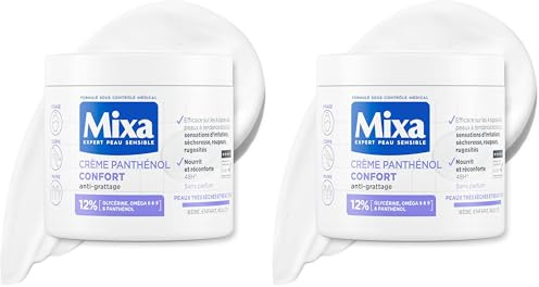 Mixa - Crème Panthénol Confort - Anti-Démangeaisons - Peaux Très Sèches et Réactives - Visage, Corps, Mains - Bébé, Enfant, Adulte Hypoallergénique - Sans Parfum - 400ml (Lot de 2)