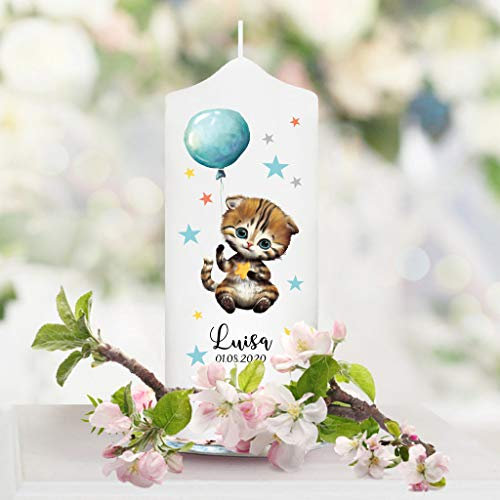 Wandtattoo Loft Taufkerze Junge oder Mädchen Motiv Katze mit Luftballon, 18cm x 7cm, personalisierte Kerze, bedruckte Kerze zur Taufe, Stumpenkerze, individuelles Taufgeschenk