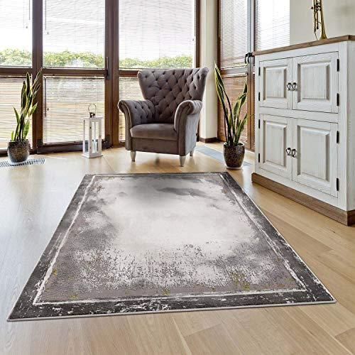 carpet city Teppich Bordüre Wohnzimmer - 120x170 cm Grau Golden Meliert - Moderne Teppiche Kurzflor