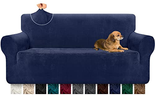 Granbest 1 Stück verdickt Couchbezug robuste Samt Plüsch Sofa Abdeckung für übergroße Couch hohe Stretch Couchbezug für Hunde, Haustiere Anti-Rutsch-Möbel-Schutz für Wohnzimmer (4 Sitzer,Dunkelblau)