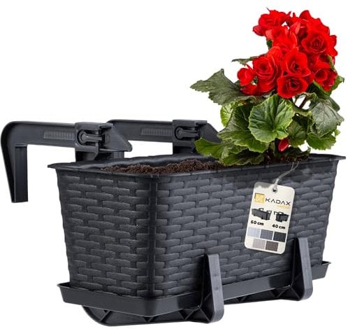 KADAX Fioriera 40cm per Ringhiera in Plastica, Vaso da Appendere al Balcone Completo di Sottovaso e Portavasi, Ideale per Piante da Esterno (Antracite)