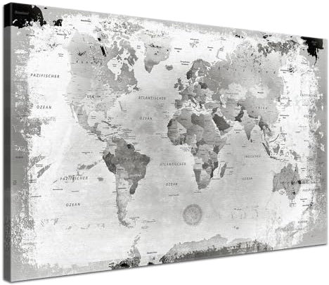 LANA KK Stilvolle Pinnwand Weltkarte - Retro Hellgrau - Deutsch in 120 x 80 cm, stabile Rückwand zum Pinnen inkl. Starterkit - Leinwand-Kunstdruck Wandbild Landkarte XXL