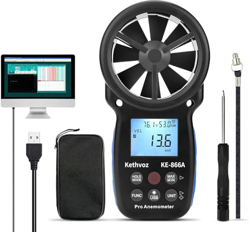 Kethvoz VMC Anémomètre Portable avec Thermomètre pour Mesure la vent vitesse debit d air VMC, Humidité, Température pour Système de collecte de poussière CVC, KE-866A