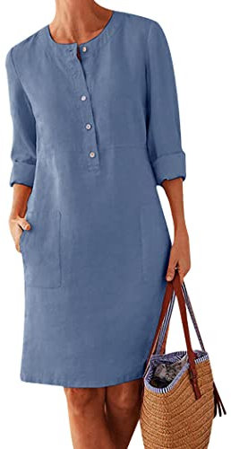 OMZIN Women Summer Plus Size Loose Midi Sleeve Tshirt Dresses Casual Cotton Linen Loose Pockets Tunic Dress Blue S