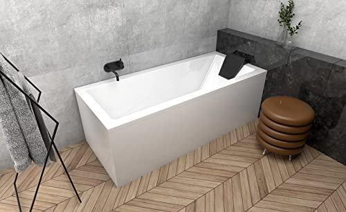 ECOLAM® Badewanne Wanne Rechteck Modern Design Acryl weiß 150x70 cm + Kopfstütze schwarz + Schürze Ablaufgarnitur Ab- und Überlauf Automatik Füße Silikon Komplett-Set