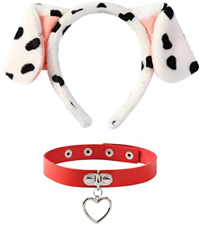 Dalmatiner Hundeohren Stirnband mit rotem Herz Choker Lederhalsband Erwachsene Halloween Kostüm Zubehör Partyzubehör