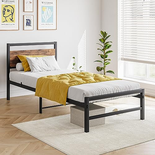 FOUBAM Bett 90x200, Metallbett Bettgestell aus Metall mit Lattenrost,Bettrahmen mit MDF Holz Kopfteil, Doppelbett/Einzelbett,Gästebett Jugendbett für Schlafzimmer Gästezimmer, Schwarz Bed Frame