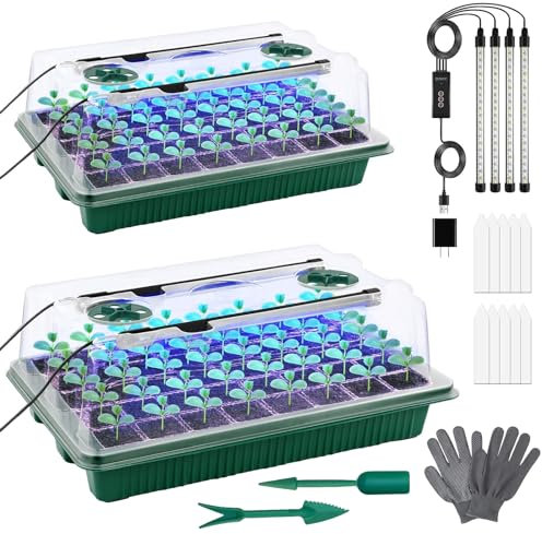DAZZTIME Bandejas Semilleros de Germinacion,2 Piezas 80 Células Mini Invernadero,Bandejas de Semillas,con Luz de Crecimiento Ajustable,Guantes,Etiquetas,Gadgets,Germinador de Semillas.