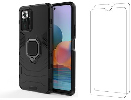Funda y 2 Cristal Templado para móvil Xiaomi Redmi Note 10 Pro/Note 10 Pro MAX Carcasa Magnética con 2 Piezas Protectores Anillo Imán Antigolpes Resistente Dura (Xiaomi Redmi Note 10 Pro, Negro)